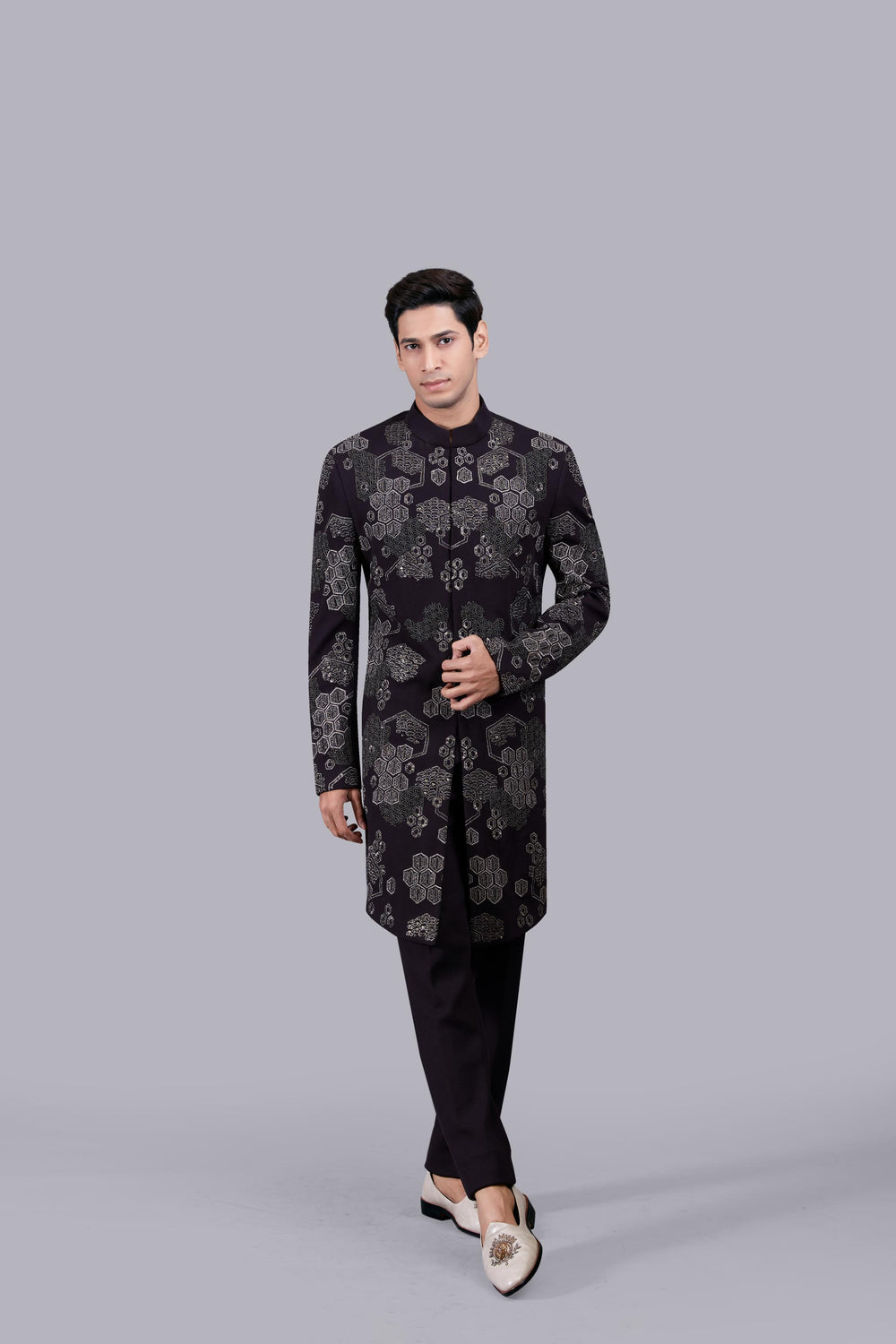 WINE ITALIAN WOOL METALIC EMBROIDERY INDO WESTERN