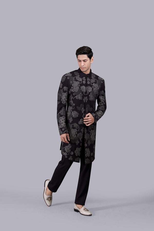 WINE ITALIAN WOOL METALIC EMBROIDERY INDO WESTERN
