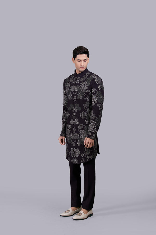 WINE ITALIAN WOOL METALIC EMBROIDERY INDO WESTERN
