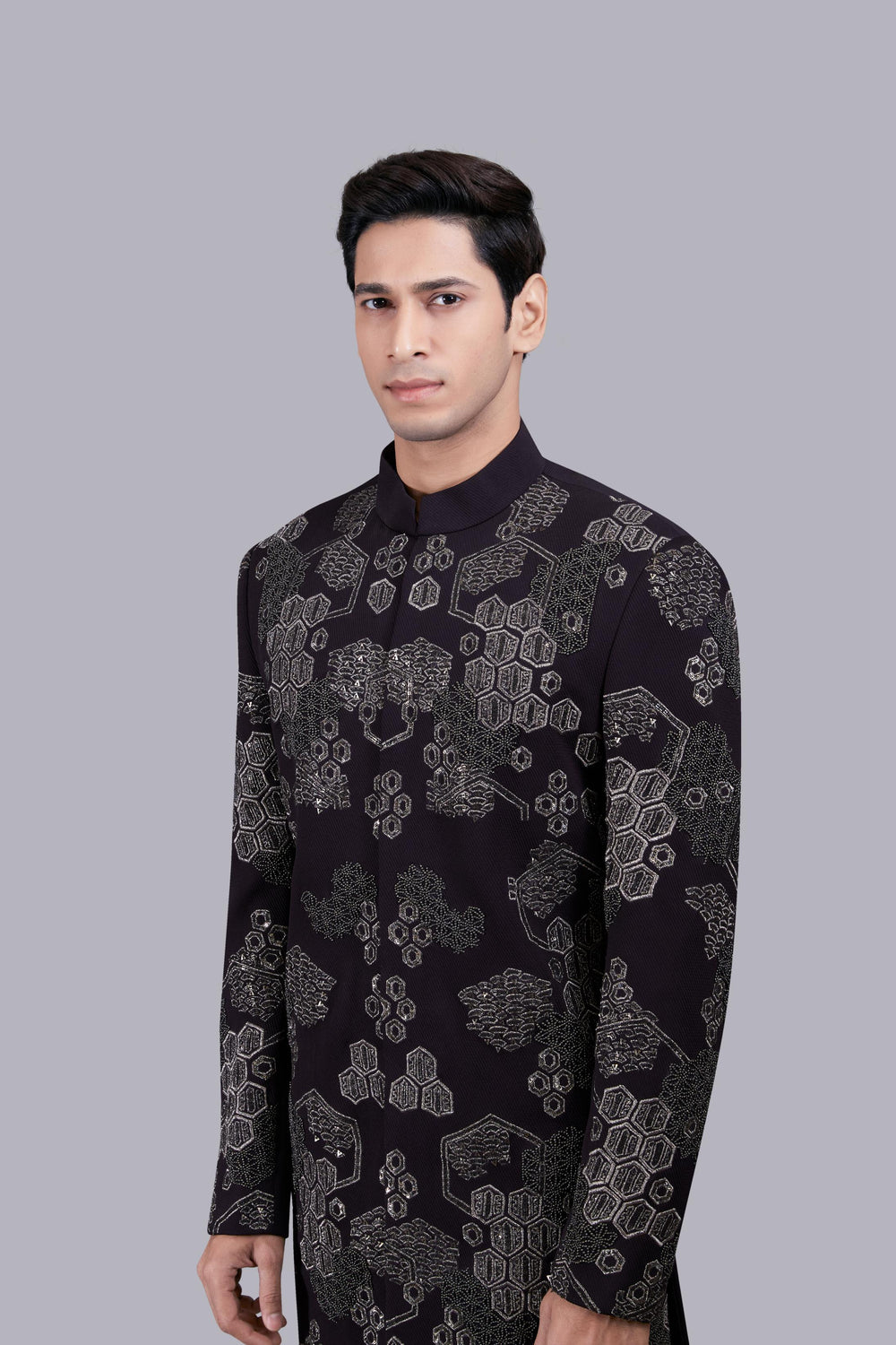WINE ITALIAN WOOL METALIC EMBROIDERY INDO WESTERN