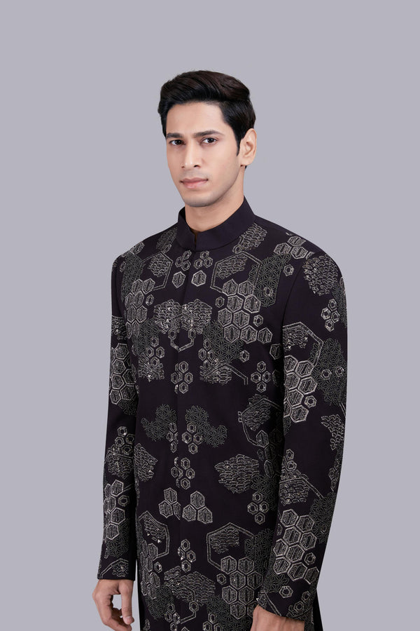 WINE ITALIAN WOOL METALIC EMBROIDERY INDO WESTERN