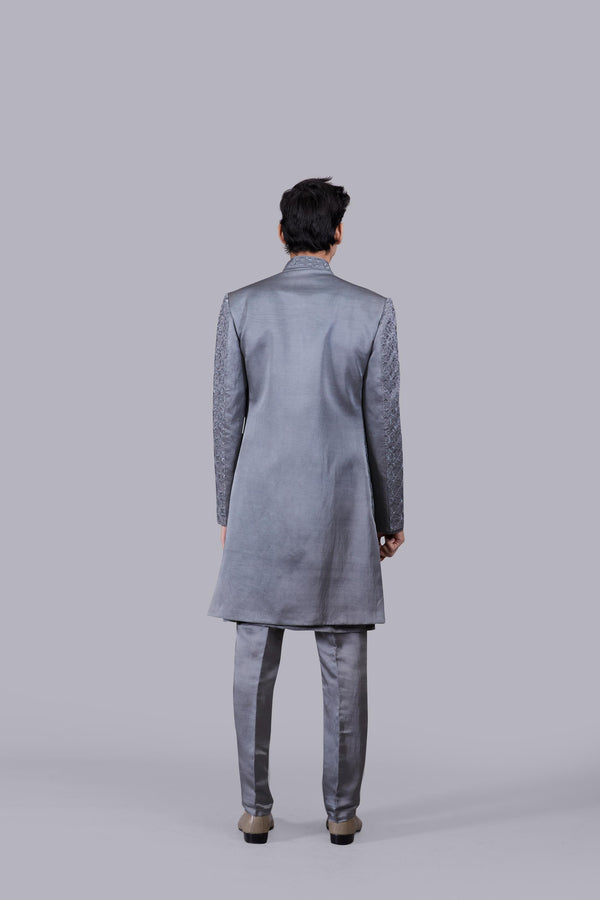 GREY LINEN SILK CUTDANA WORK INDO WESTERN
