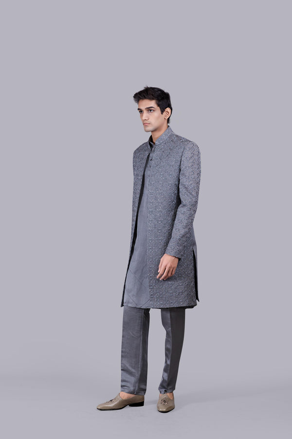 GREY LINEN SILK CUTDANA WORK INDO WESTERN