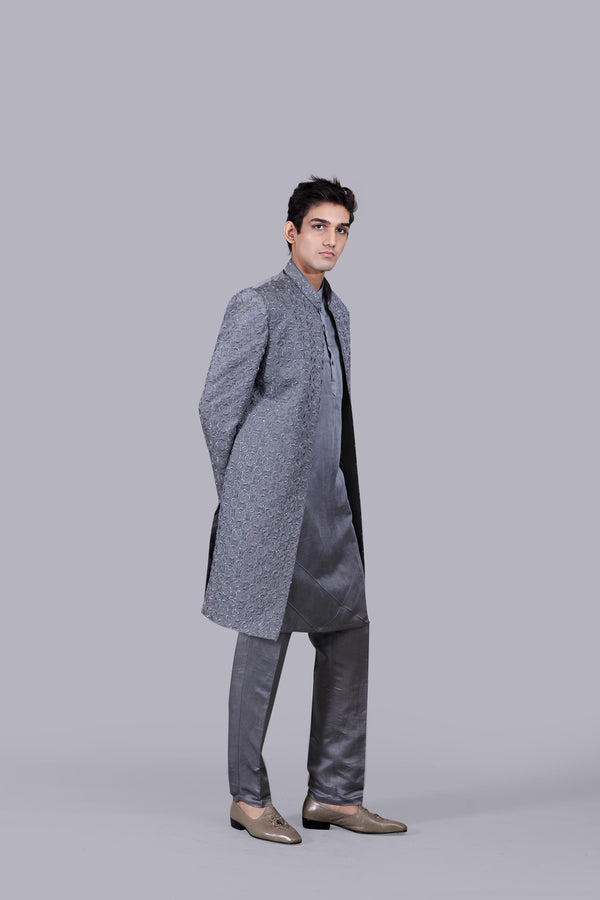 GREY LINEN SILK CUTDANA WORK INDO WESTERN