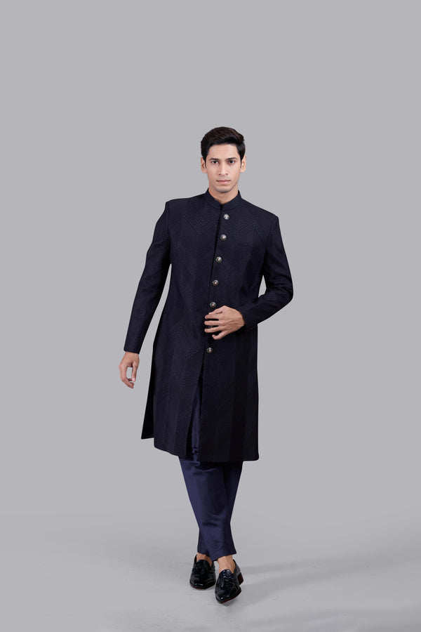 NAVY BLUE MATKA SILK DHAGAI WORK INDO WESTERN
