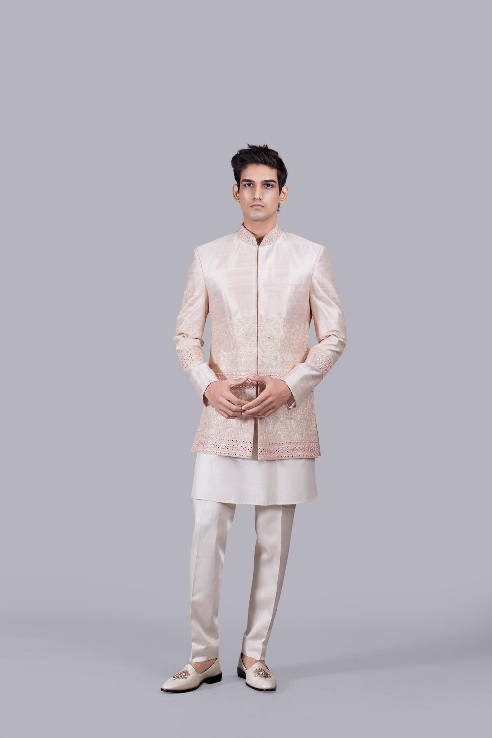 LIGHT PEACH RAW SILK THREAD ARI WORK INDO WESTERN