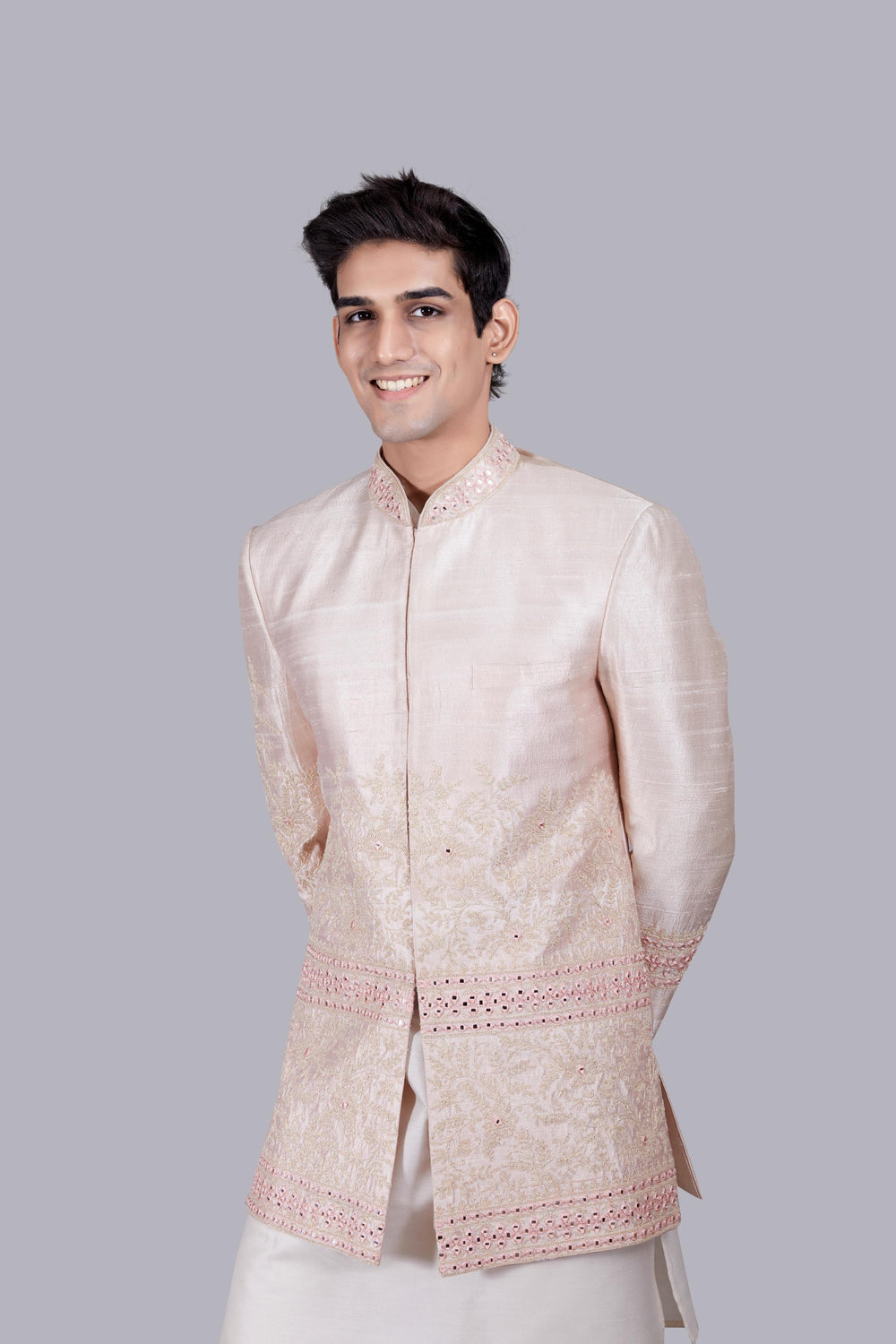 LIGHT PEACH RAW SILK THREAD ARI WORK INDO WESTERN
