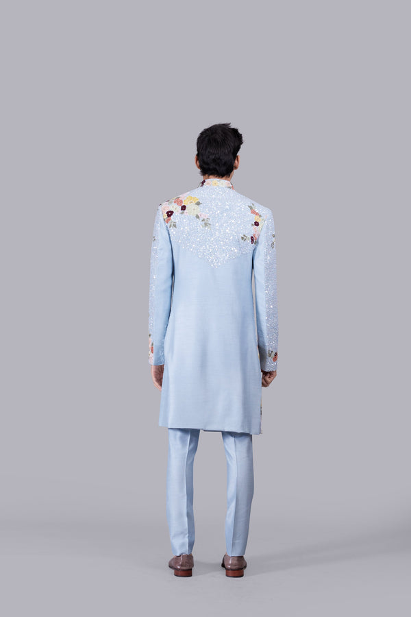 SKY BLUE RAW SILK SEQUENCE WORK INDO WESTERNS
