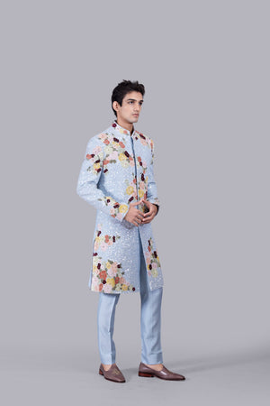 SKY BLUE RAW SILK SEQUENCE WORK INDO WESTERNS