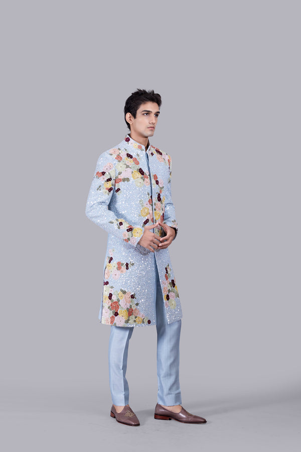 SKY BLUE RAW SILK SEQUENCE WORK INDO WESTERNS