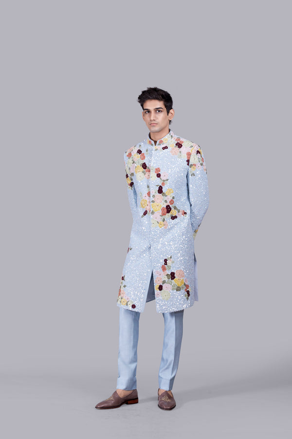 SKY BLUE RAW SILK SEQUENCE WORK INDO WESTERNS