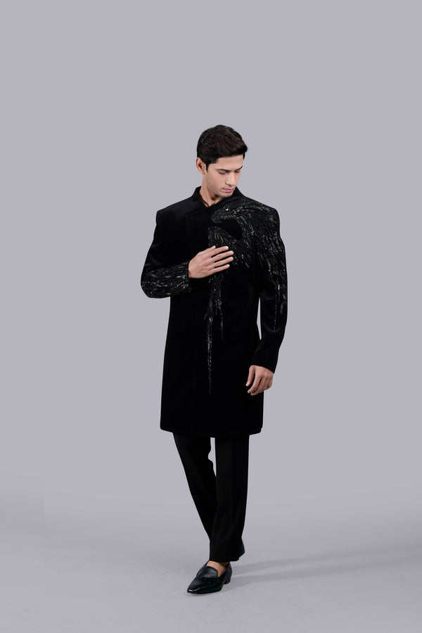 Black Italian Cotton Velvet Designer Indo Western Dress For Men