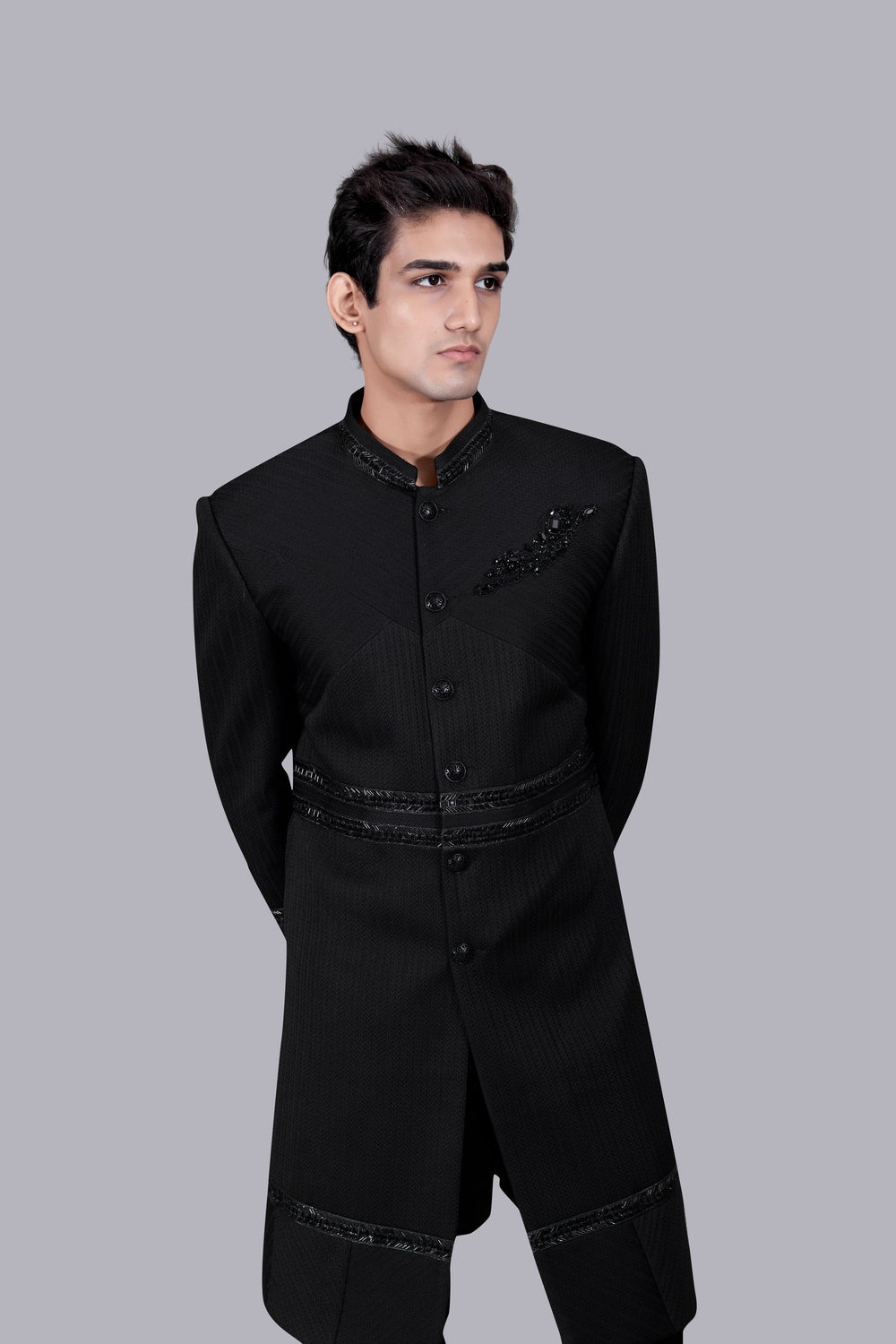 BLACK ITALIAN WOOL CUTDANA WORK INDO WESTERN