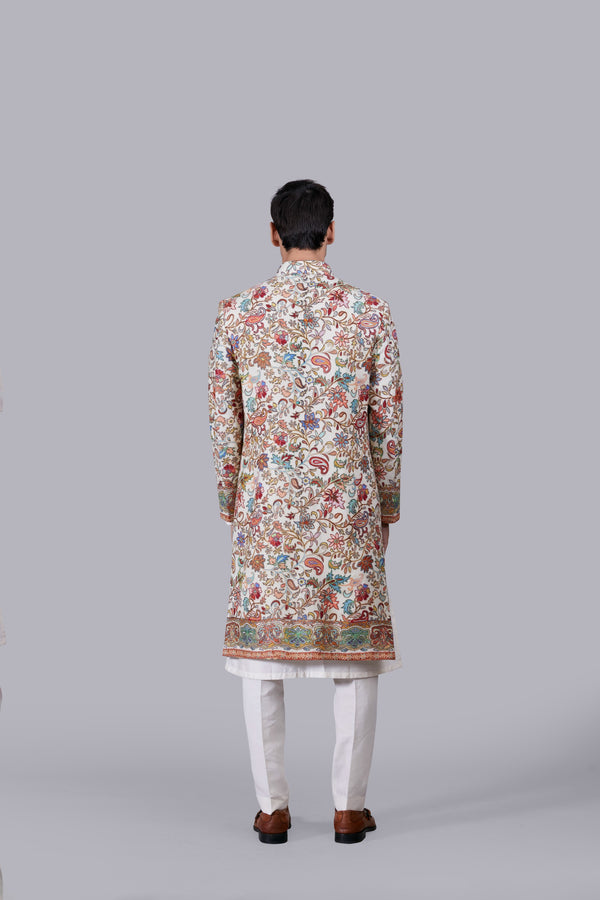 CREAM PURE PASHMINA SILK THREAD WORK SHERWANI