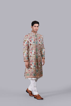 CREAM PURE PASHMINA SILK THREAD WORK SHERWANI