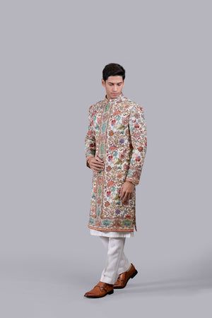 CREAM PURE PASHMINA SILK THREAD WORK SHERWANI