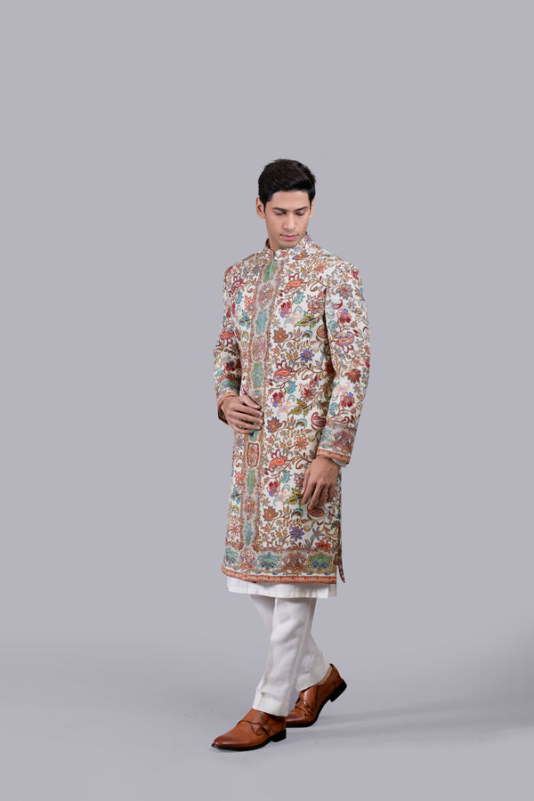 CREAM PURE PASHMINA SILK THREAD WORK SHERWANI