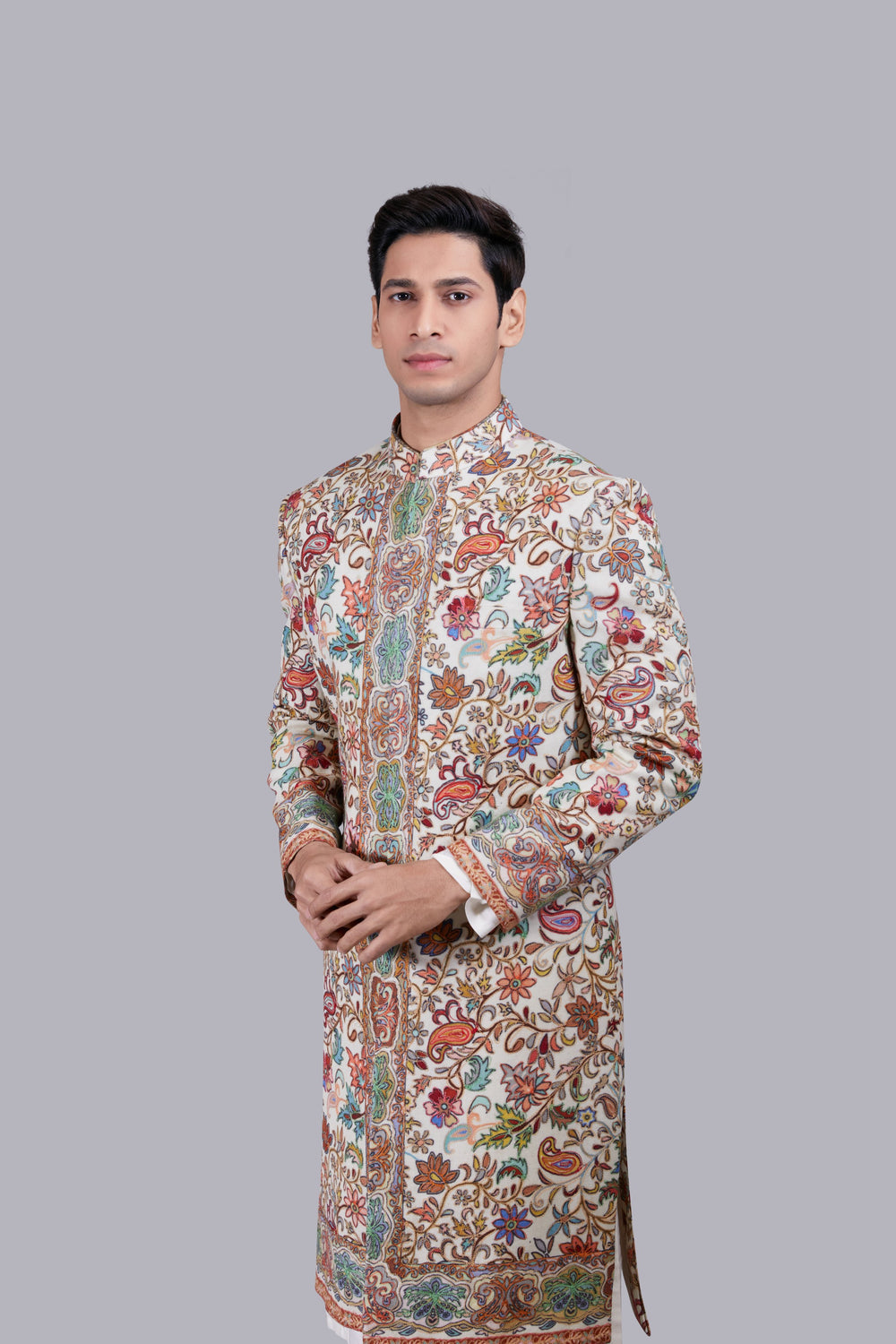 CREAM PURE PASHMINA SILK THREAD WORK SHERWANI