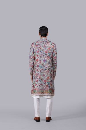 GREY PURE PASHMINA SILK THREAD WORK SHERWANI