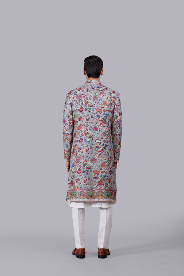 GREY PURE PASHMINA SILK THREAD WORK SHERWANI