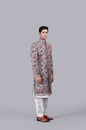 GREY PURE PASHMINA SILK THREAD WORK SHERWANI