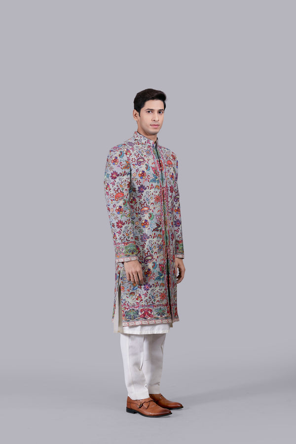 GREY PURE PASHMINA SILK THREAD WORK SHERWANI