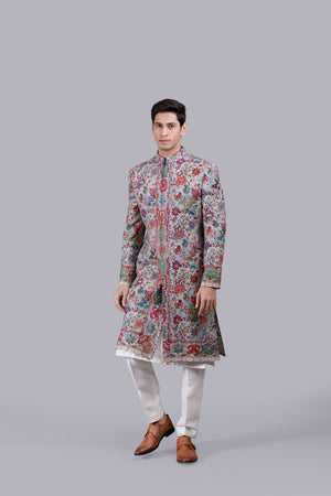 GREY PURE PASHMINA SILK THREAD WORK SHERWANI