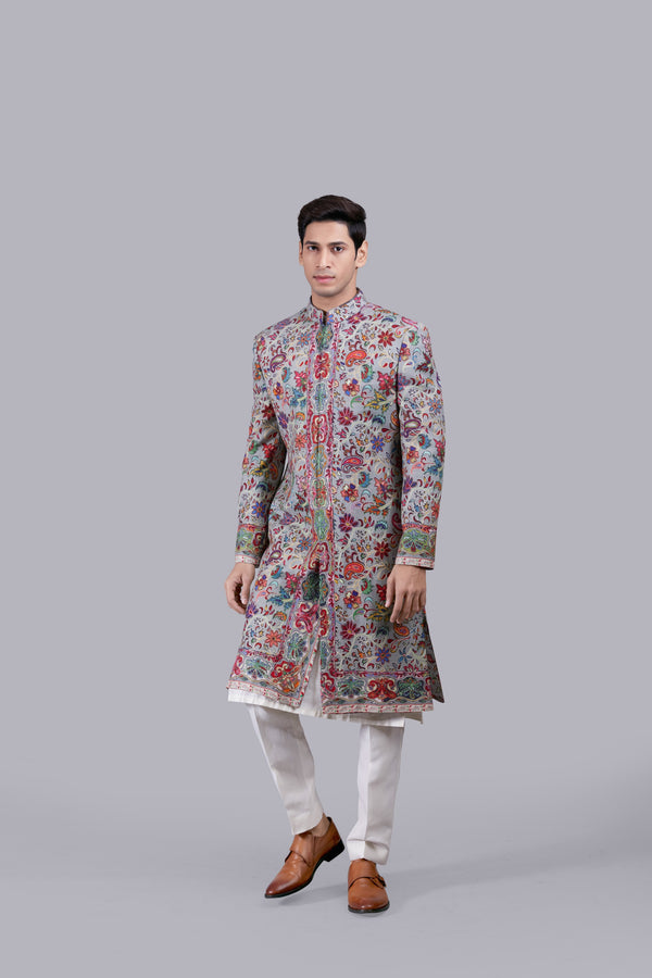 GREY PURE PASHMINA SILK THREAD WORK SHERWANI