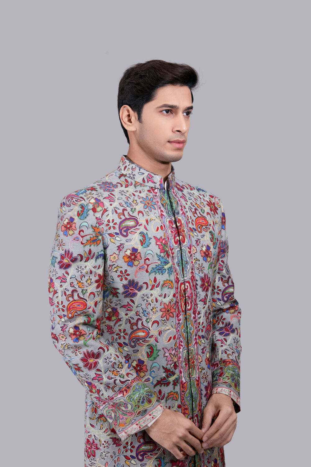 GREY PURE PASHMINA SILK THREAD WORK SHERWANI