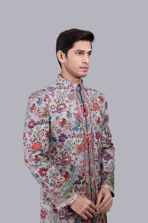 GREY PURE PASHMINA SILK THREAD WORK SHERWANI