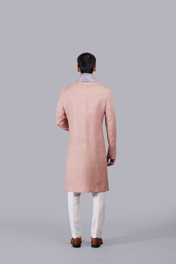 SALMON PINK MATKA SILK THREAD WORK SHERWANI