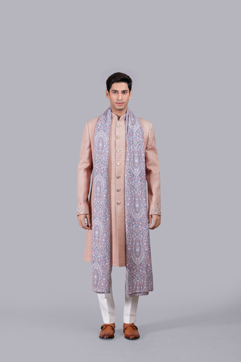 SALMON PINK MATKA SILK THREAD WORK SHERWANI