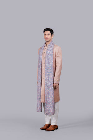 SALMON PINK MATKA SILK THREAD WORK SHERWANI
