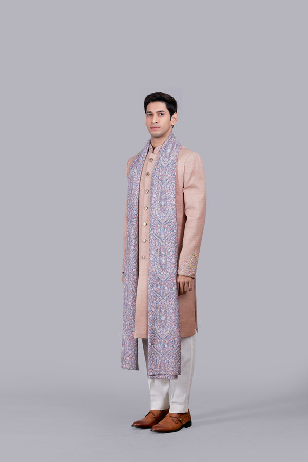 SALMON PINK MATKA SILK THREAD WORK SHERWANI