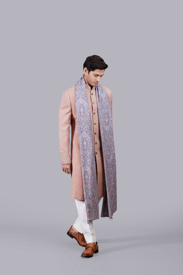 SALMON PINK MATKA SILK THREAD WORK SHERWANI