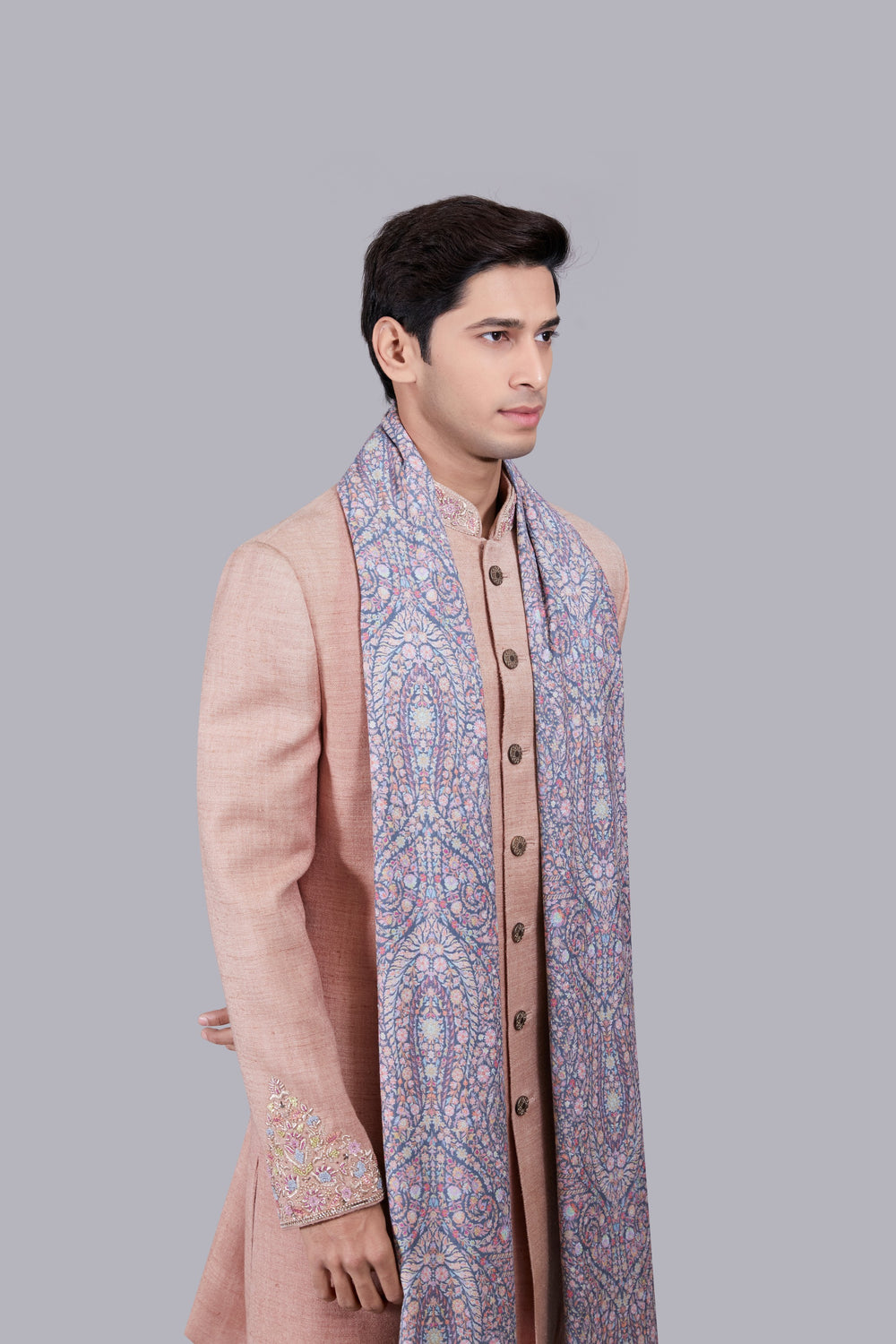 SALMON PINK MATKA SILK THREAD WORK SHERWANI