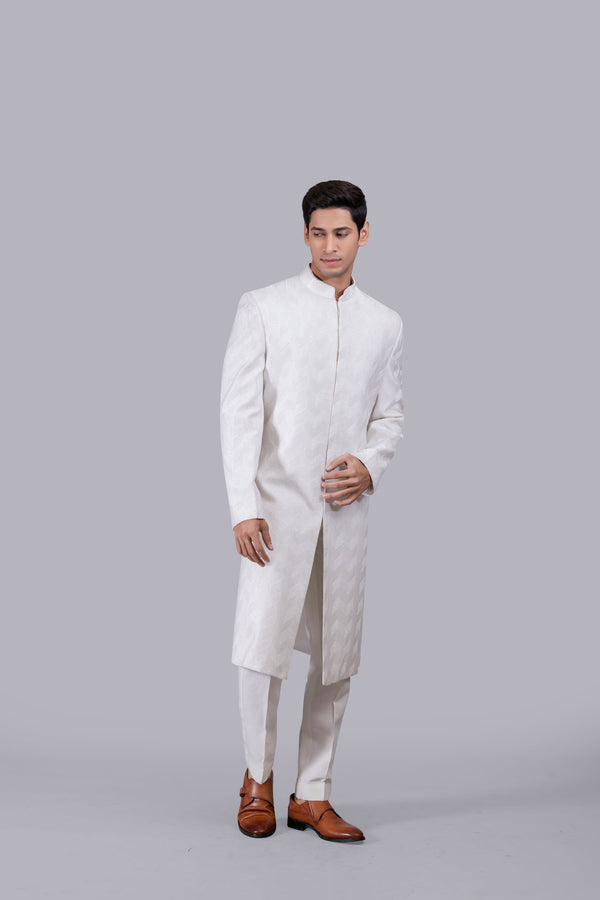 WHITE CHANDERI SILK HAND WORK SHERWANI