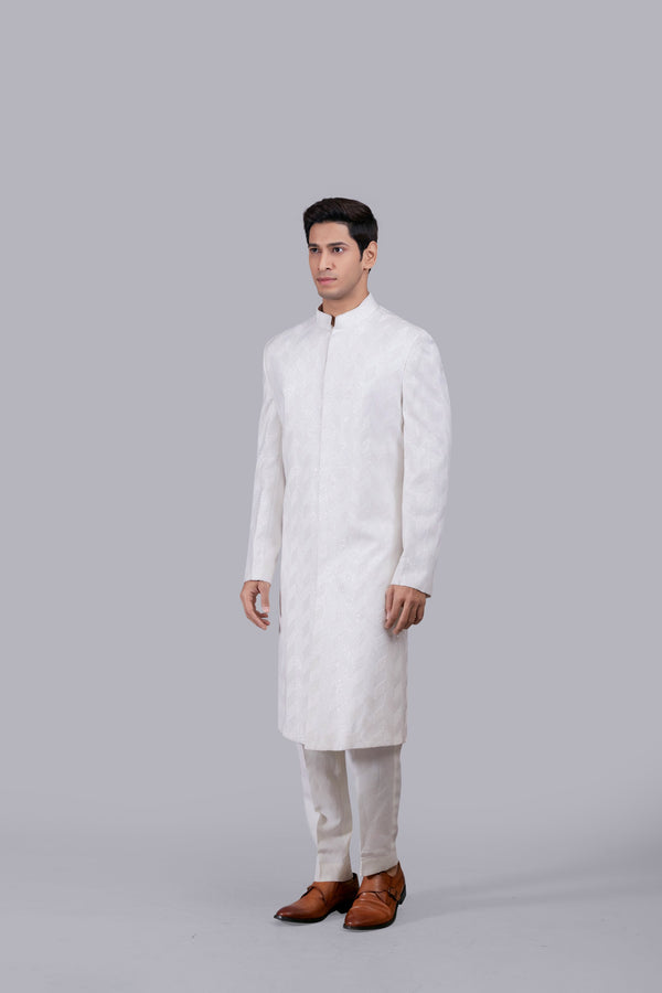 WHITE CHANDERI SILK HAND WORK SHERWANI