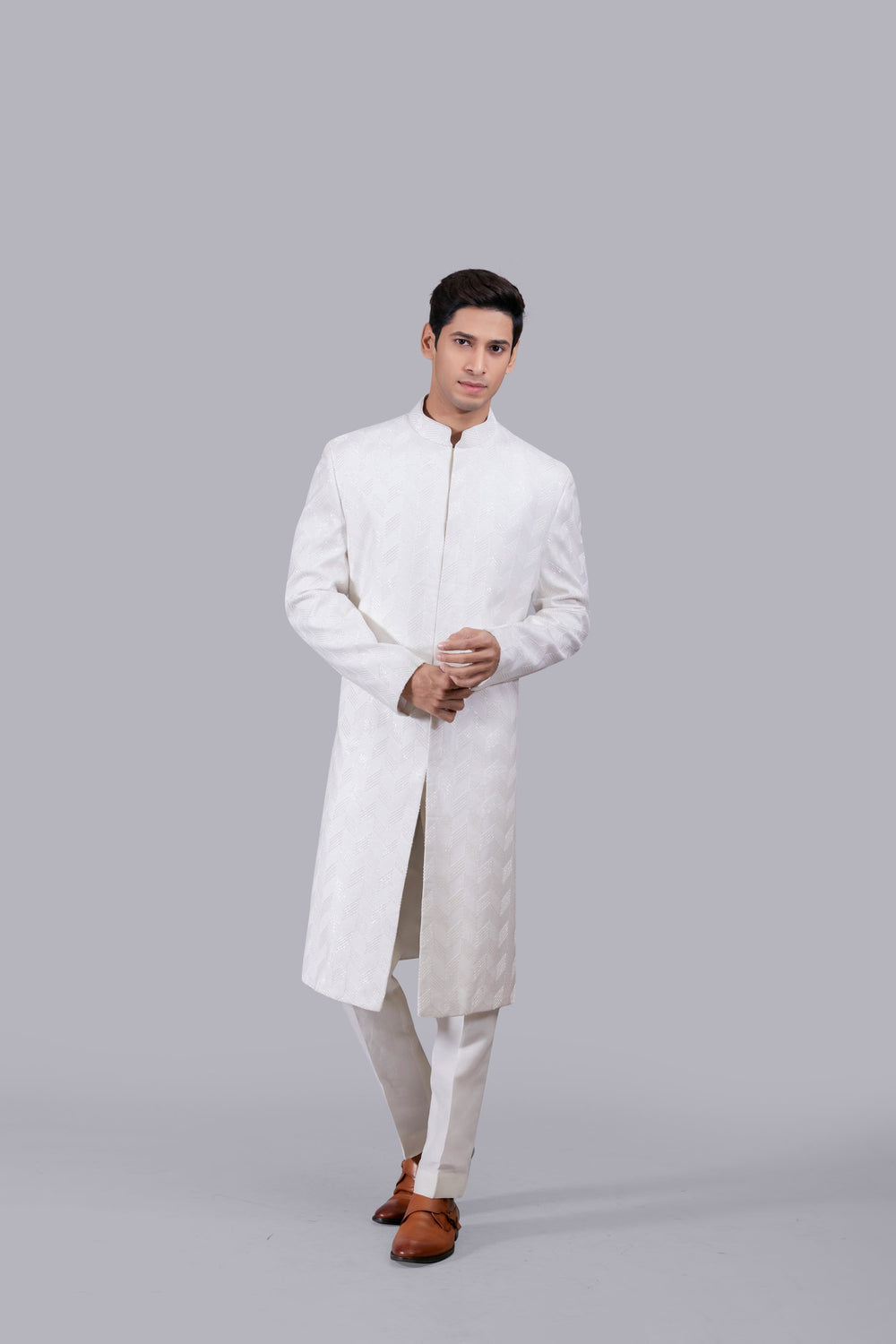 WHITE CHANDERI SILK HAND WORK SHERWANI