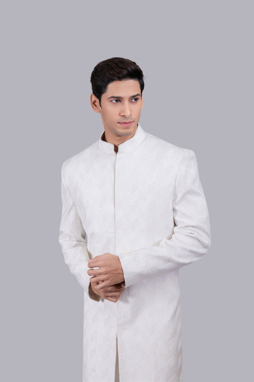 WHITE CHANDERI SILK HAND WORK SHERWANI