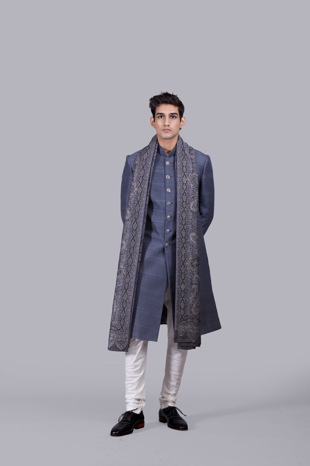 GREY RAW SILK PASHMINA DUPATTA SHERWANI