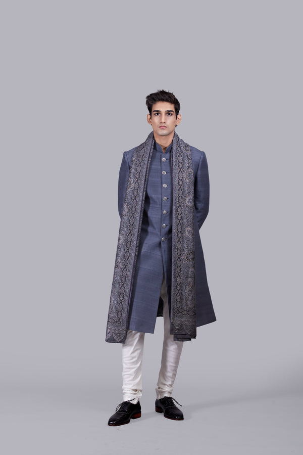 GREY RAW SILK PASHMINA DUPATTA SHERWANI