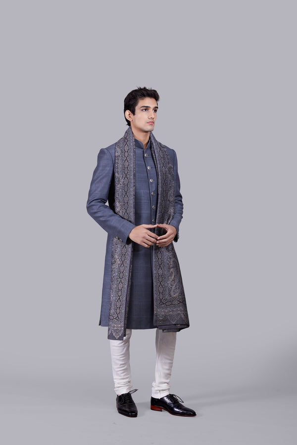 GREY RAW SILK PASHMINA DUPATTA SHERWANI