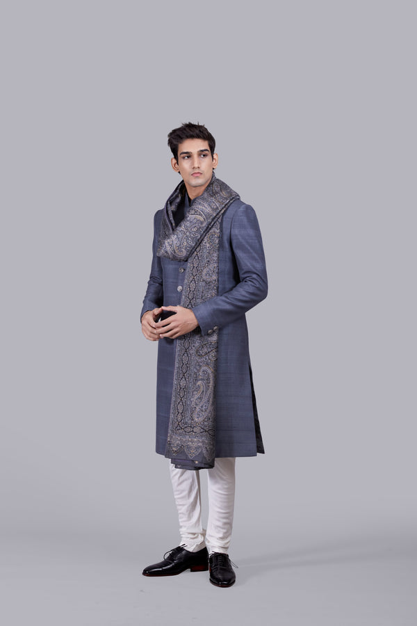 GREY RAW SILK PASHMINA DUPATTA SHERWANI