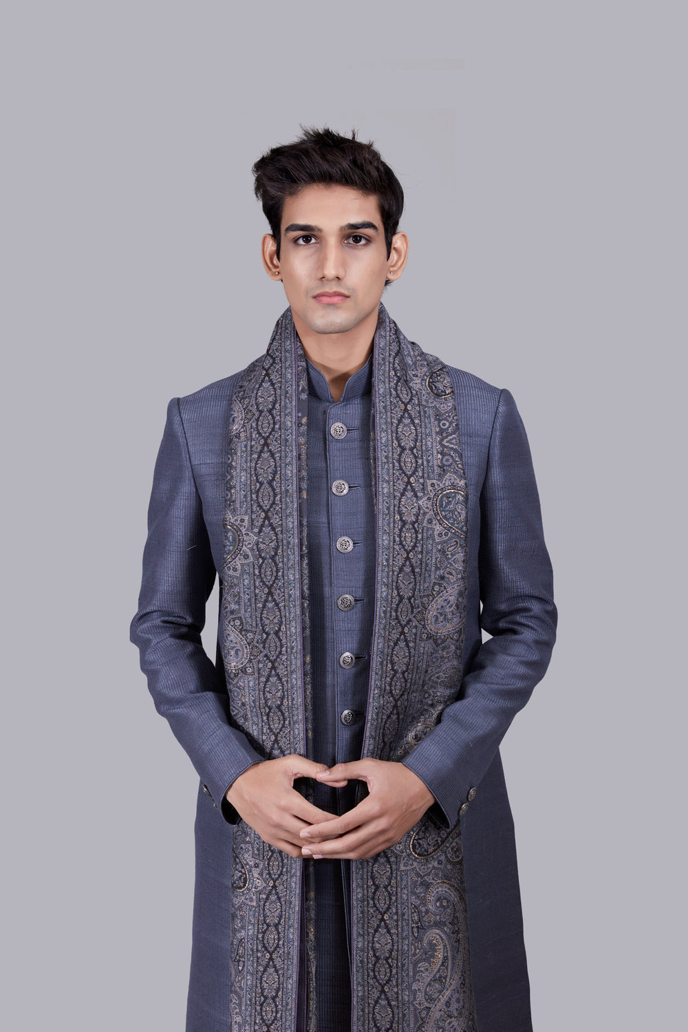 GREY RAW SILK PASHMINA DUPATTA SHERWANI