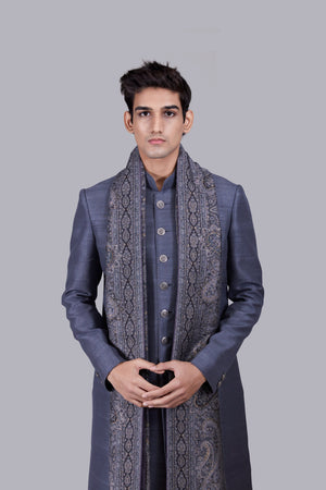 GREY RAW SILK PASHMINA DUPATTA SHERWANI