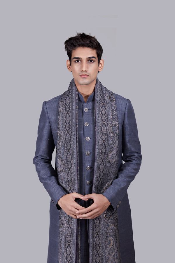 GREY RAW SILK PASHMINA DUPATTA SHERWANI