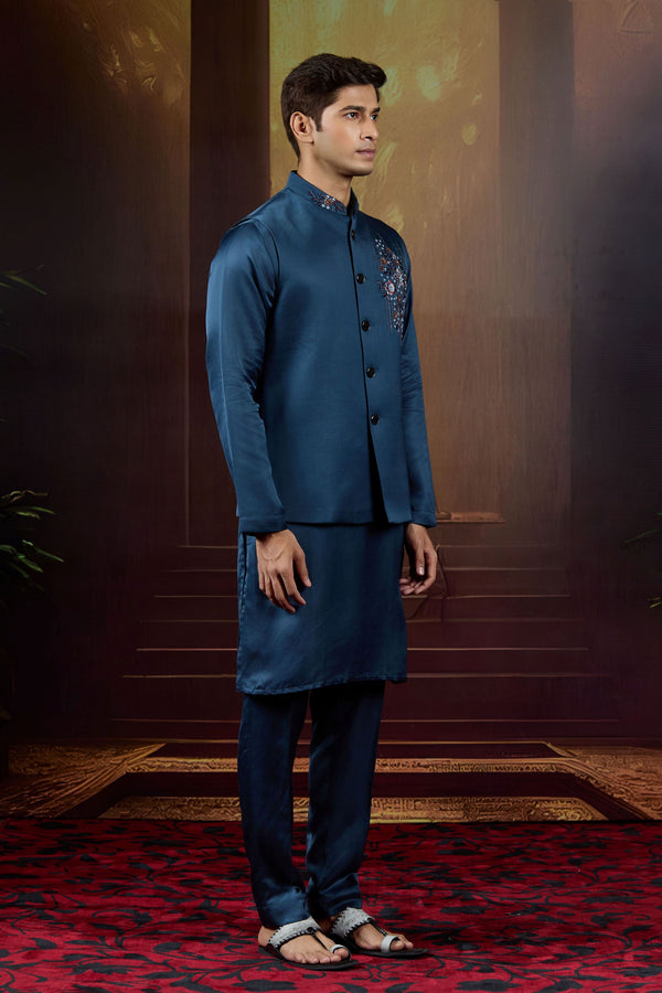 Midnight Sovereign  Embellished Bundi Ensemble in Royal Blue Silk
