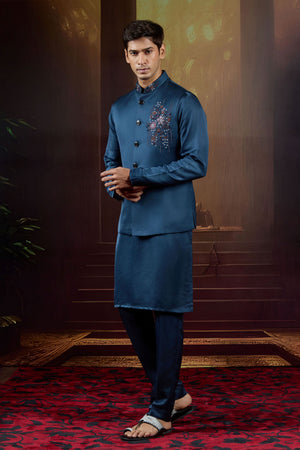 Midnight Sovereign  Embellished Bundi Ensemble in Royal Blue Silk