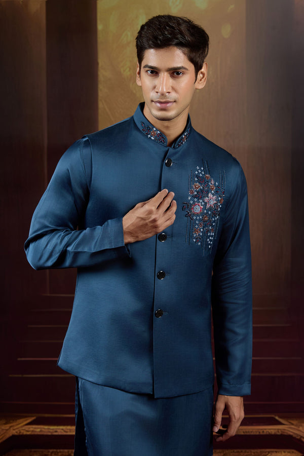 Midnight Sovereign  Embellished Bundi Ensemble in Royal Blue Silk